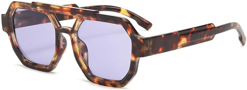 

Ретро солнцезащитные очки с двойной перемычкой для женщин, многоугольные, модные, сине-фиолетовые, мужские солнцезащитные очки с защитой от УФ-излучения UV400 TKKTLLT, Leopard Purple