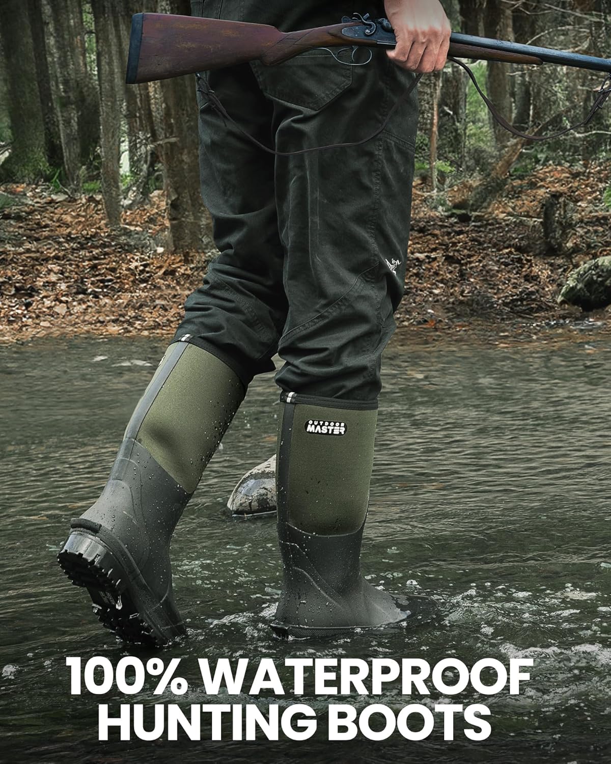 Мужские охотничьи ботинки OutdoorMaster, водонепроницаемые резиновые неопренаовые ботинки, утепленные уличные ботинки с противоскользящей подошвой, темно-зеленый — фото 2
