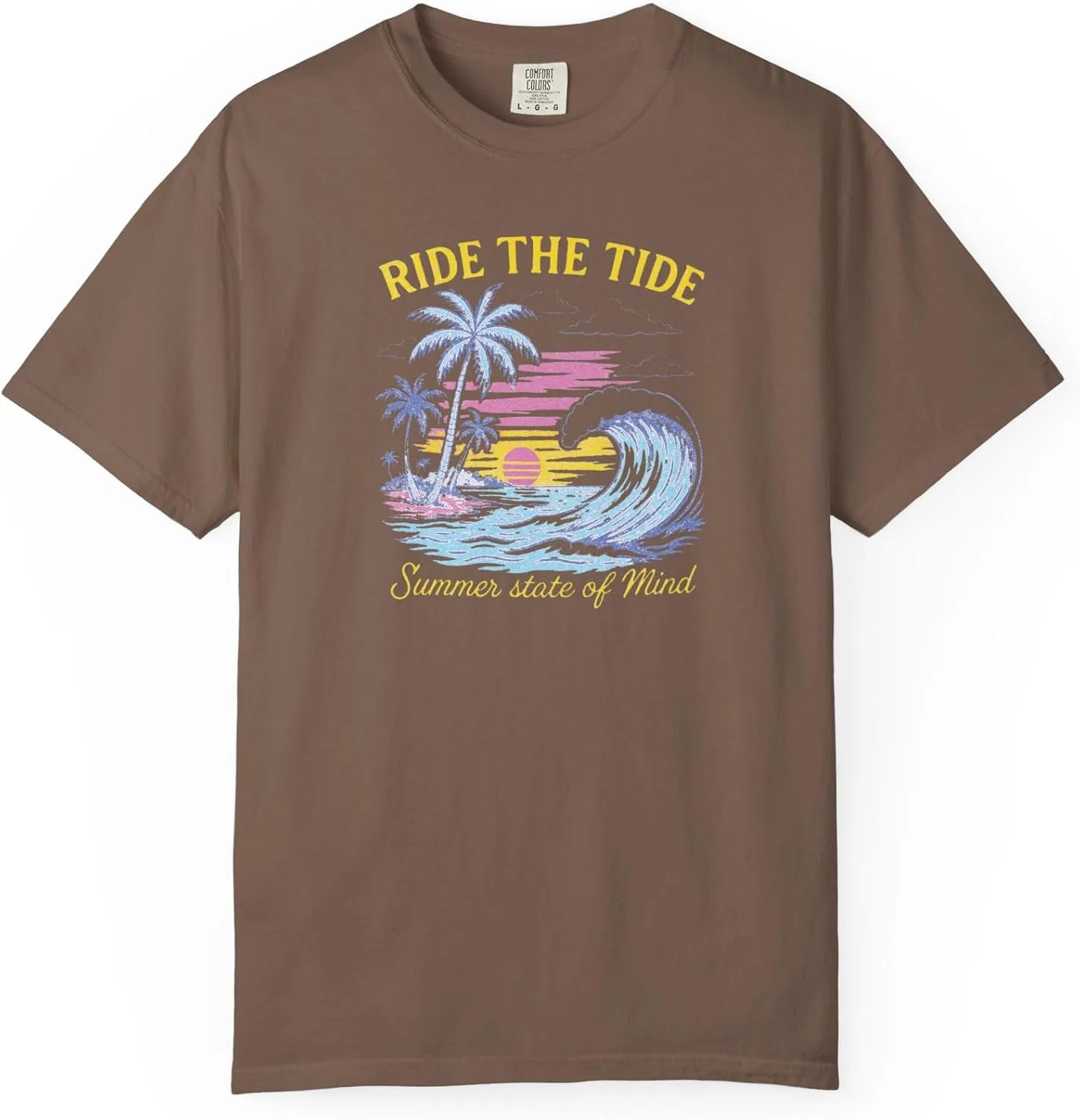 Футболка Ride The Tide Surf Sunset, Comfort Colors 1717, пальмы, океанская волна, ретро-пляжное искусство