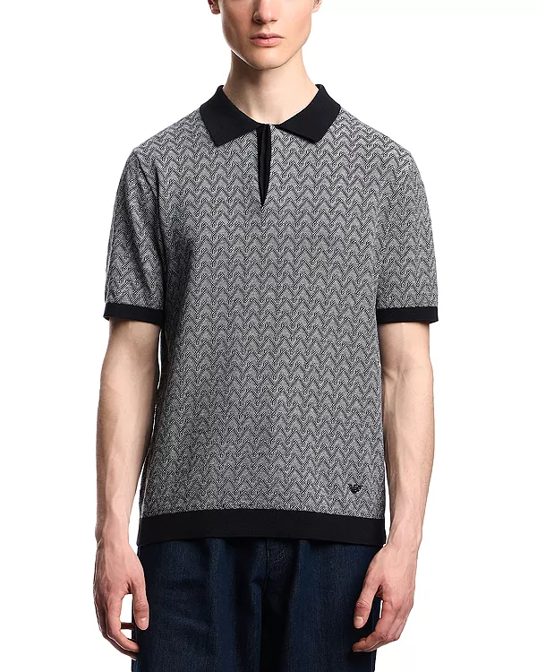 

Поло-Свитер с коротким рукавом и шевронным узором, стандартного кроя. Emporio Armani, синий