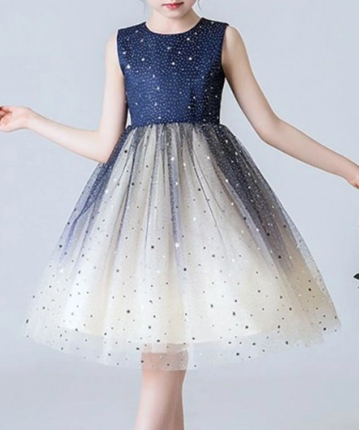Детское платье без рукавов с блестками из сатина и тюля, бренд Ballet Dress, 1 шт., темно-синий с белым — фото 2