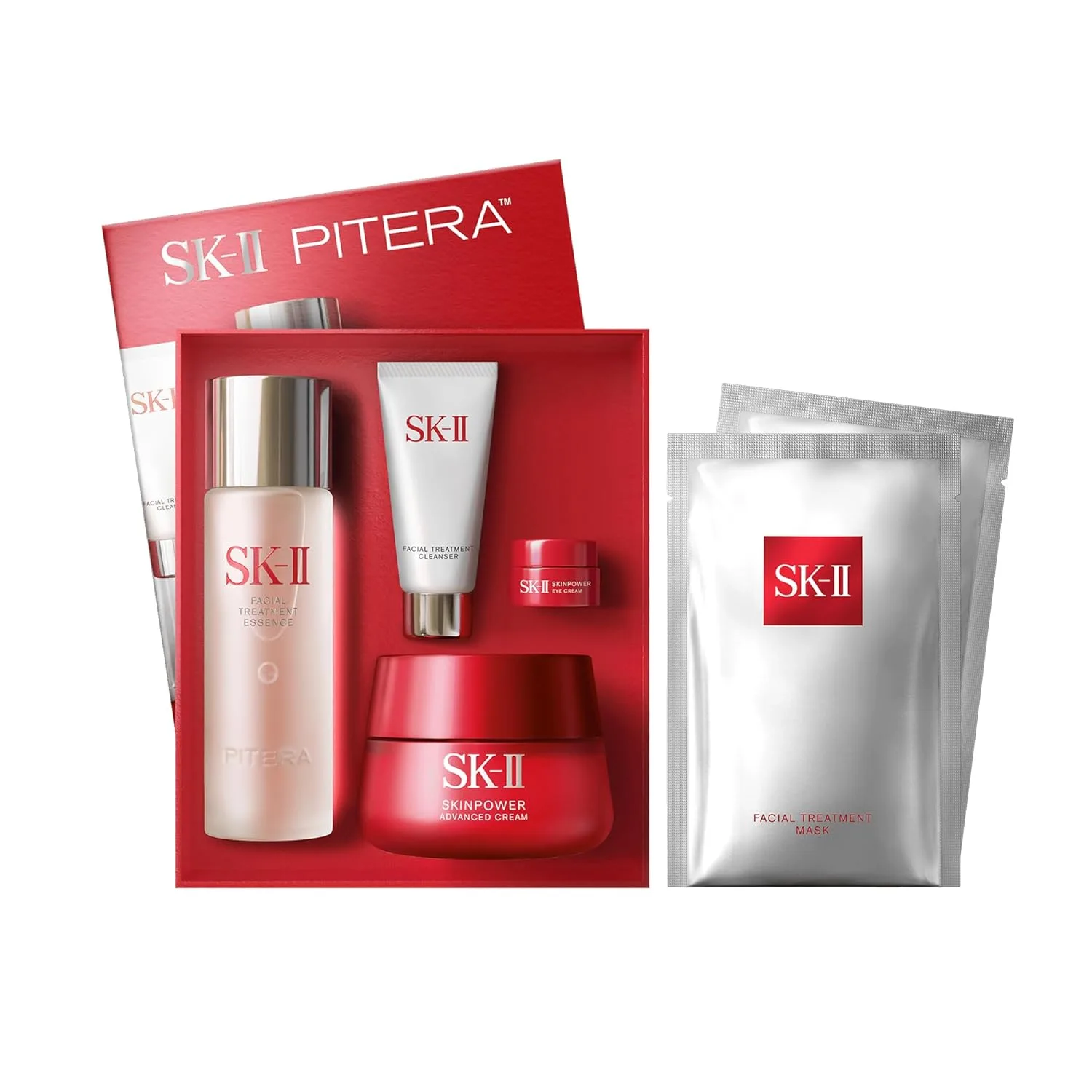 SK-II набор для ухода против старения - полный размер: очищающее средство, эссенция, крем для лица и глаз SKINPOWER и 2 маски (6 шт)