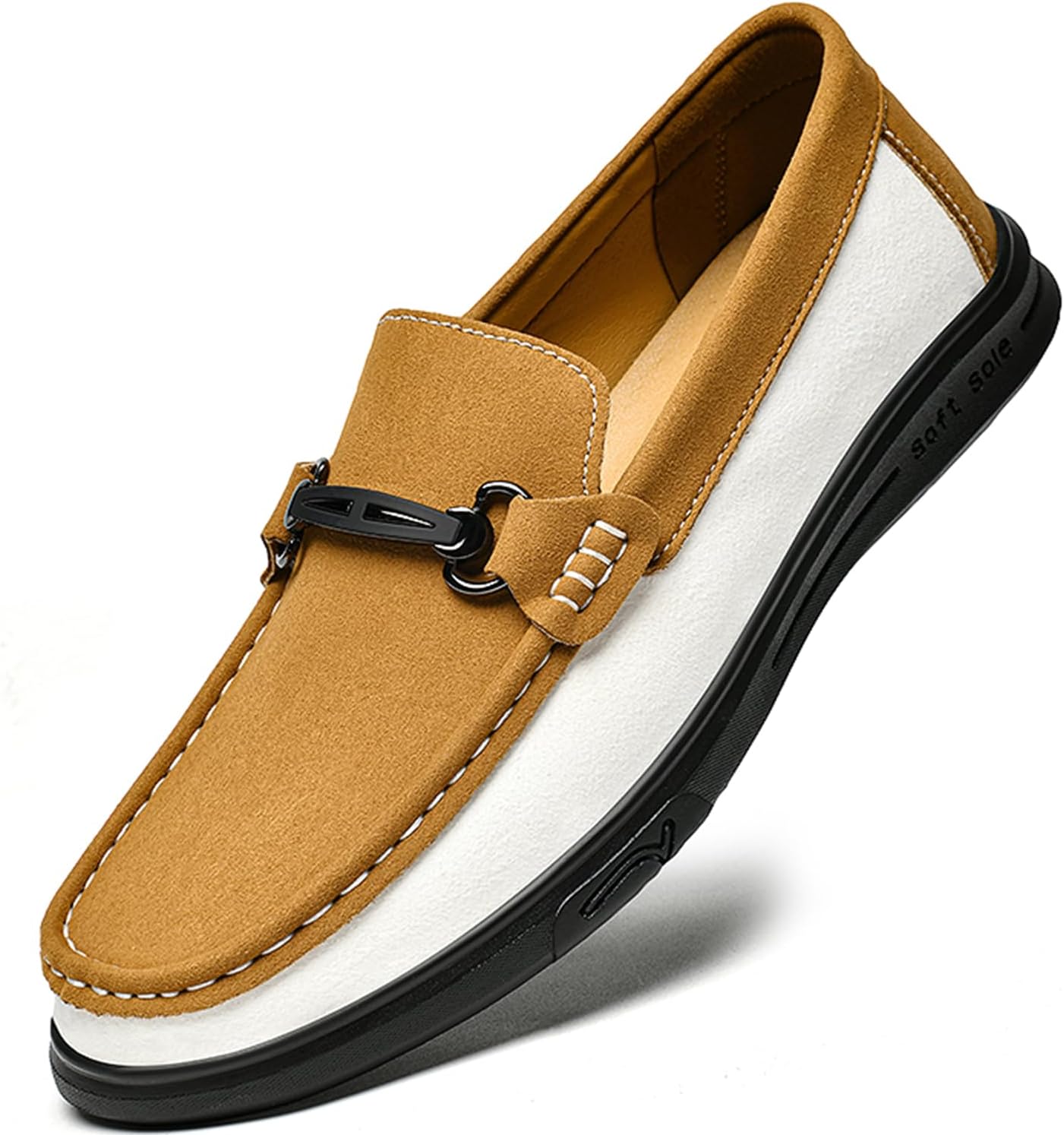 

Мужские классические замшевые лоферы Dacnakby, слипоны двухцветные с металлической пряжкой, с нескользящей подошвой, мокасины, повседневные лодочные туфли, коричневый