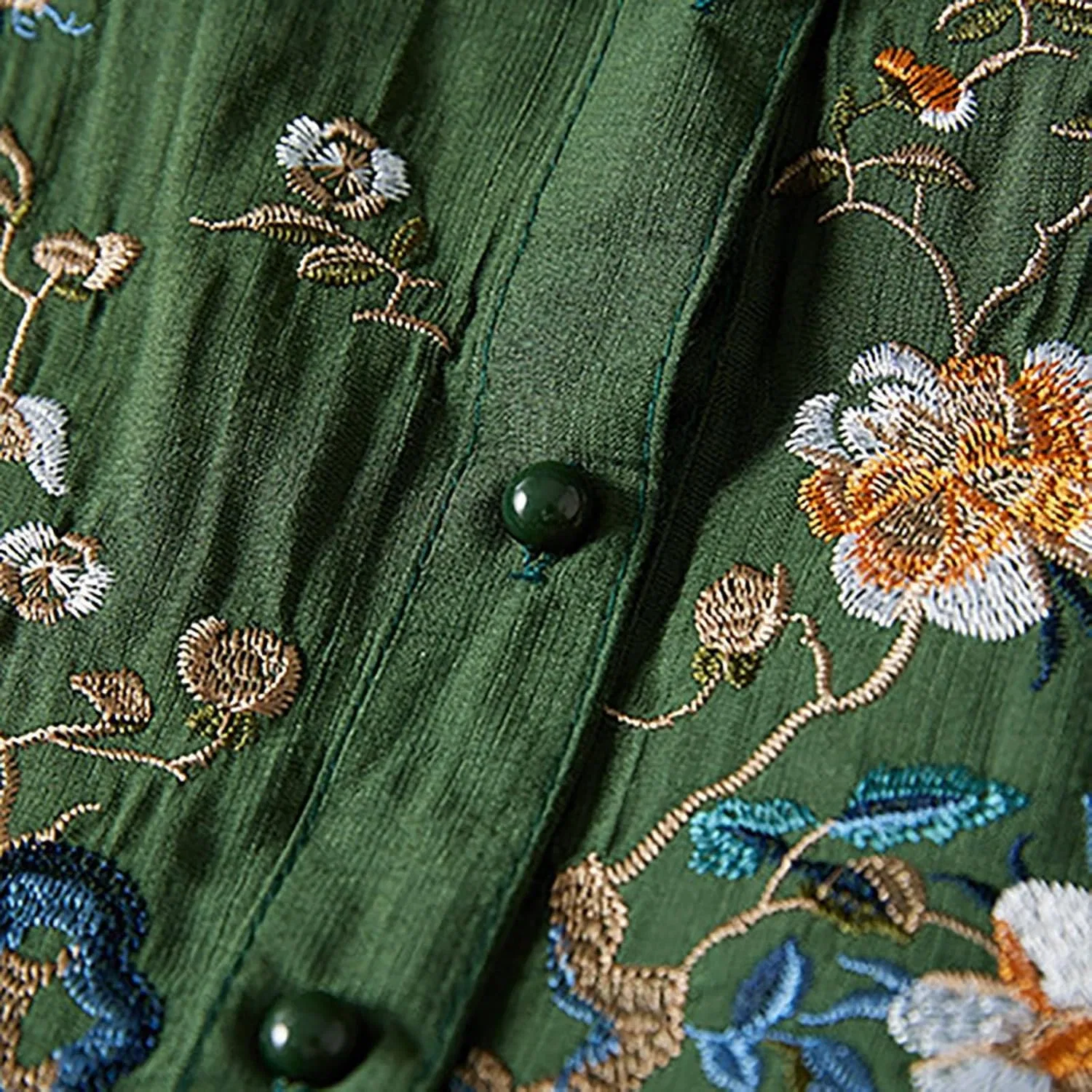 Блуза из льна с вышивкой, бохо, 3/4 рукав, туника, зеленый — фото 2