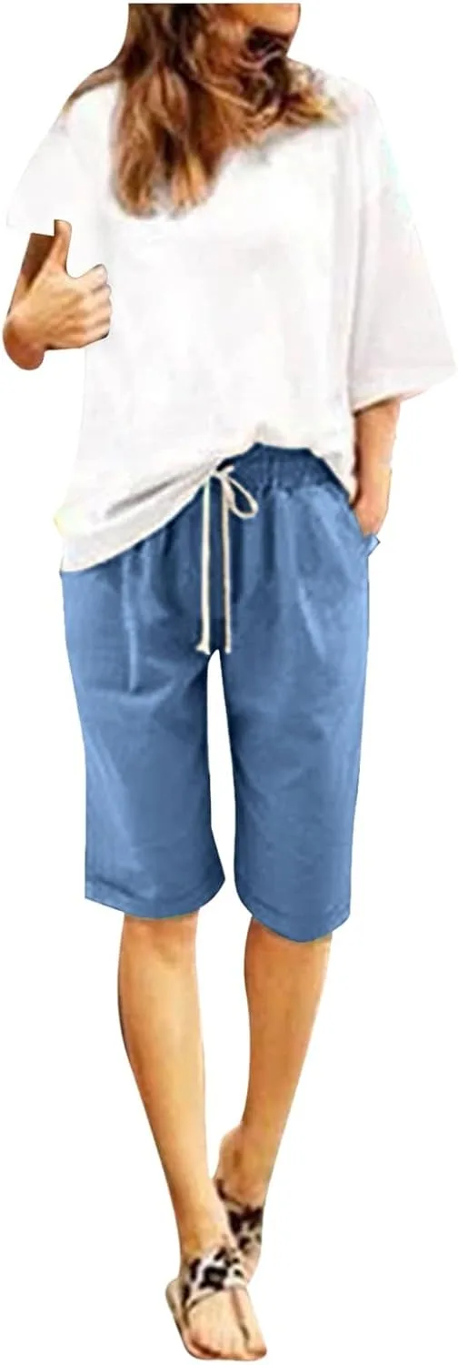 

Льняные шорты для женщин, Bermuda, летние, casual, эластичные, high waist