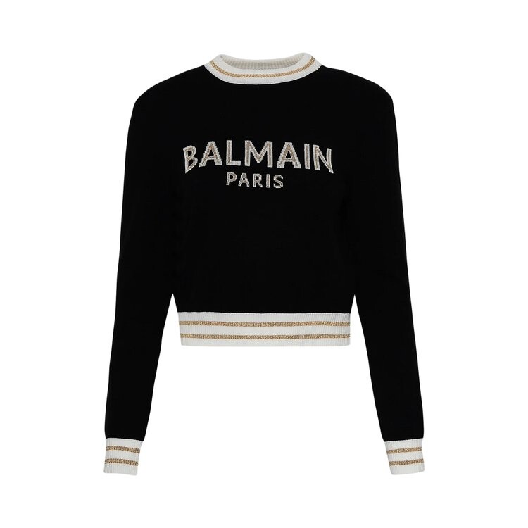

Джемпер Balmain Logo Intarsia Knitted Cropped Jumper, цвет Black/Natural/Gold