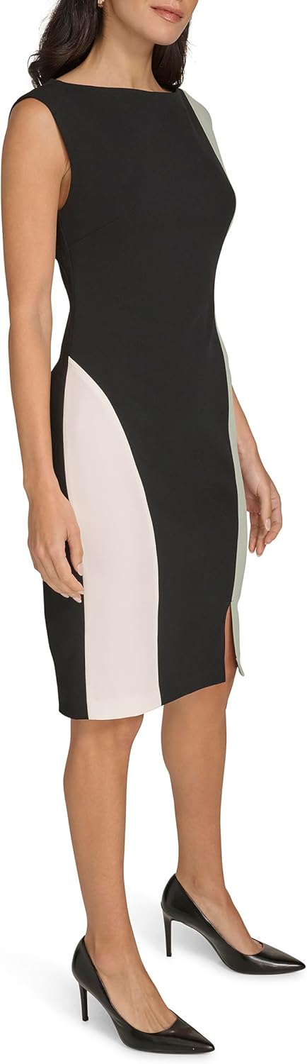 Женское платье-футляр Calvin Klein Scuba Crepe Color Block с короткими рукавами, Black/Jadeite/Cream — фото 3