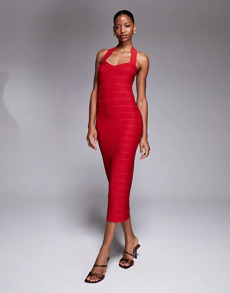 

Эксклюзивное платье-бандаж Kaiia мидакси с вырезом халтер и сердечком красного цвета