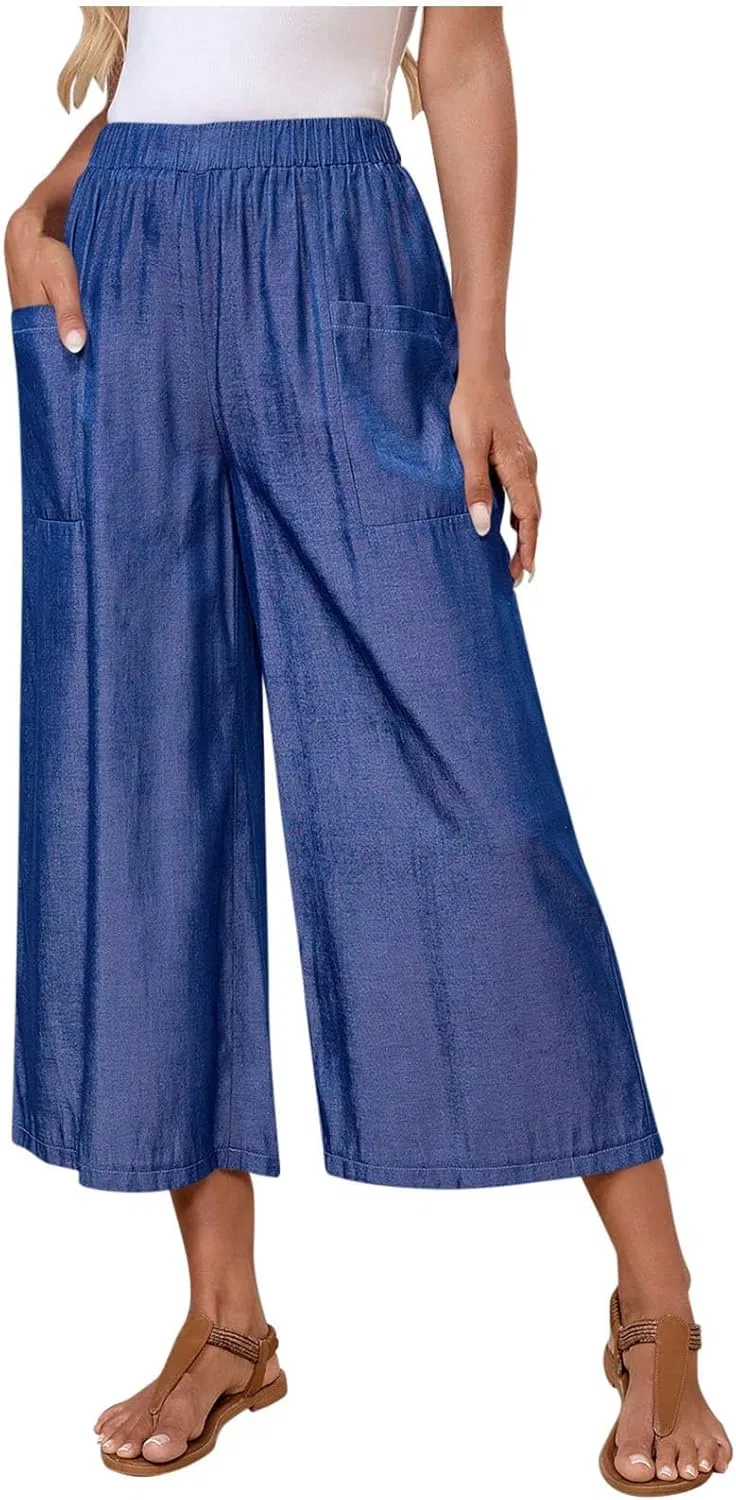 Джинсы капри, свободный крой, Wide Leg, синие