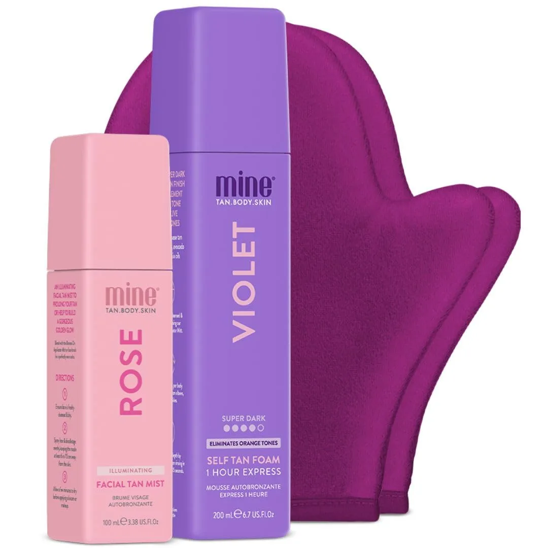 Набор для автозагара MineTan Best Sellers Express 1 Hour с муссом Dark Violet, спреем для лица, аппликатором и перчаткой для пилинга 49,7 мл (4 шт.) Minetan Body.Skin, Medium Dark