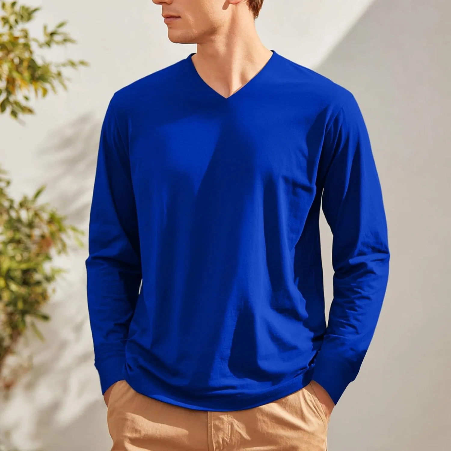 Мужская футболка с длинным рукавом, V-образным вырезом, royal blue — фото 3