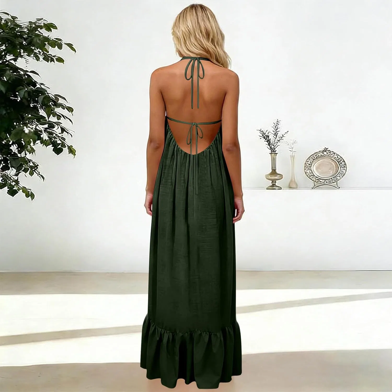 Платье-ками Backless для женщин летнее с запахом макси с рюшами по подолу без рукавов в пол для пляжа Generic, зеленый — фото 3