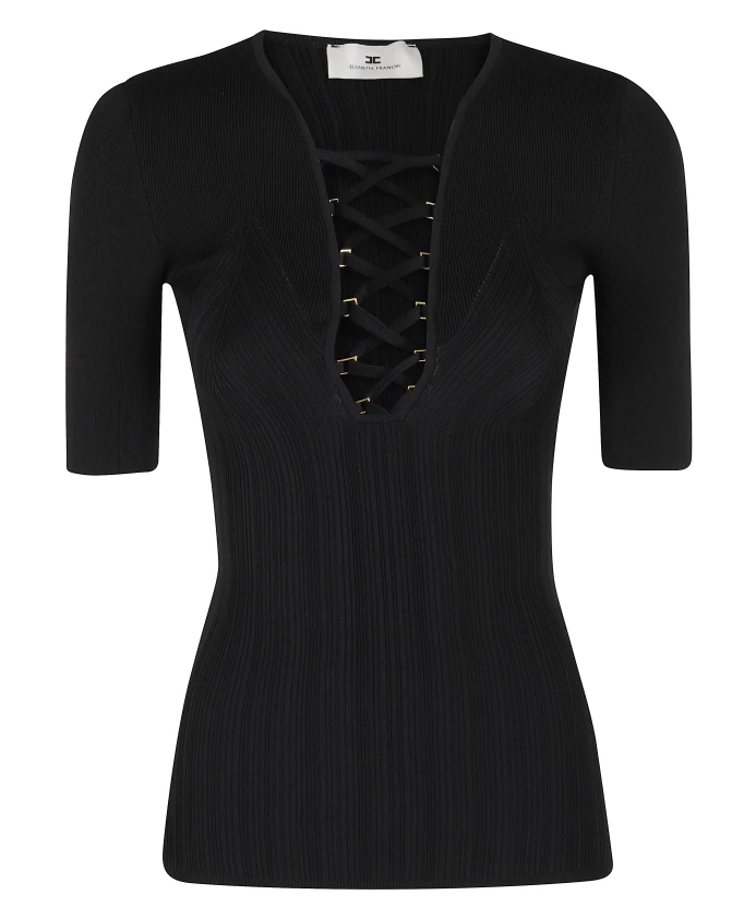 

Черный вязаный топ с V-образным вырезом Elisabetta Franchi, черный