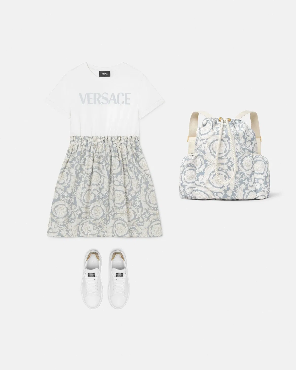 Детское хлопковое платье-футболка с принтом Versace, белый — фото 2