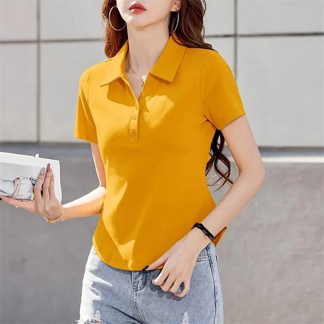 Женская футболка поло в корейском стиле, желтая, slim fit, plus size — фото 2