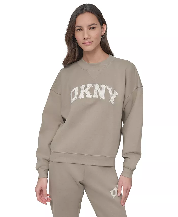 

Женский топ с круглым вырезом и логотипом из страз DKNY, коричневый/бежевый
