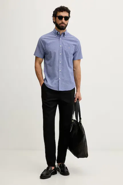 Брюки из льна с добавлением полиэстера модель slim fit Tommy Hilfiger, черный — фото 2