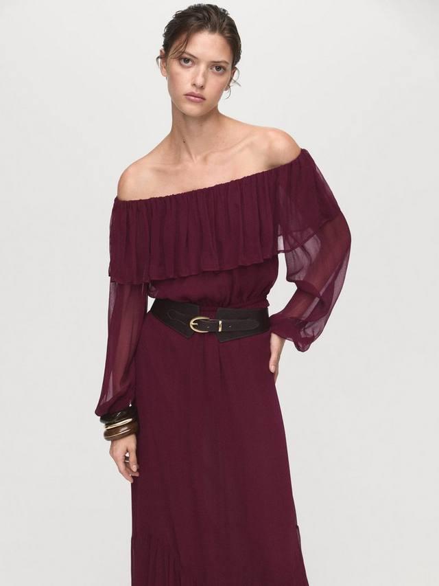 

Платье макси Saba с баской и ярусами без бретелей и с вырезом Bardot Mango