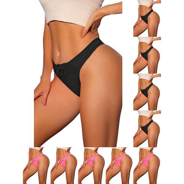 

10 пар женских бикини-трусиков с низкой посадкой из сатина с эластичным кружевом на поясе Inspire Chic, Black Bright Pink