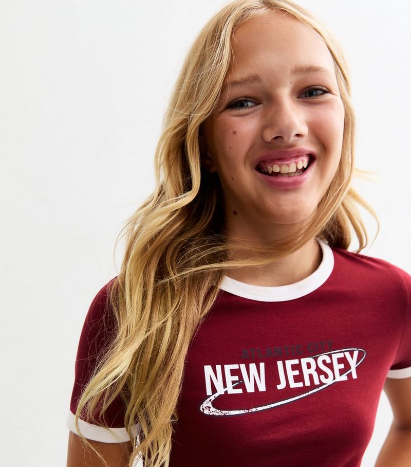 

Красная трикотажная футболка с надписью New Jersey для девочек New Look, бордовый