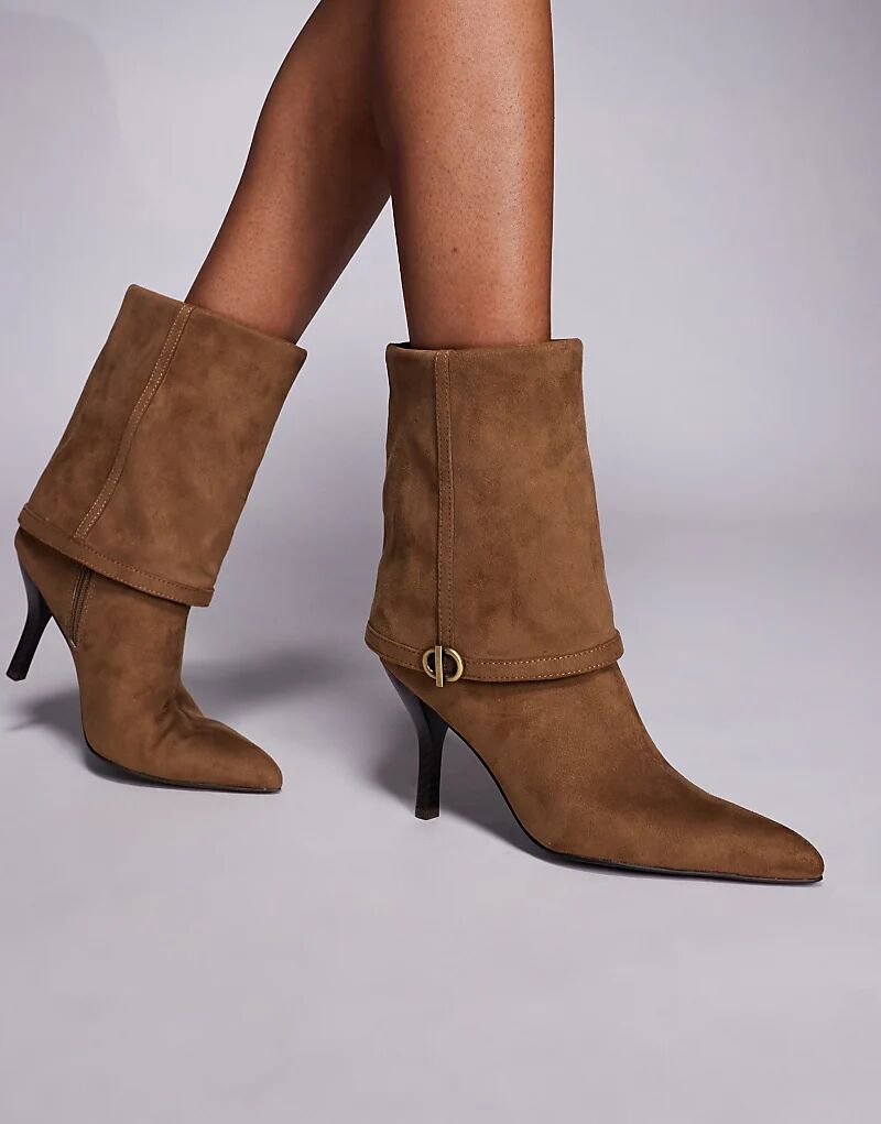 Ботильоны Ella на каблуке с отворотом и пряжкой от ASOS DESIGN из замши песочного цвета