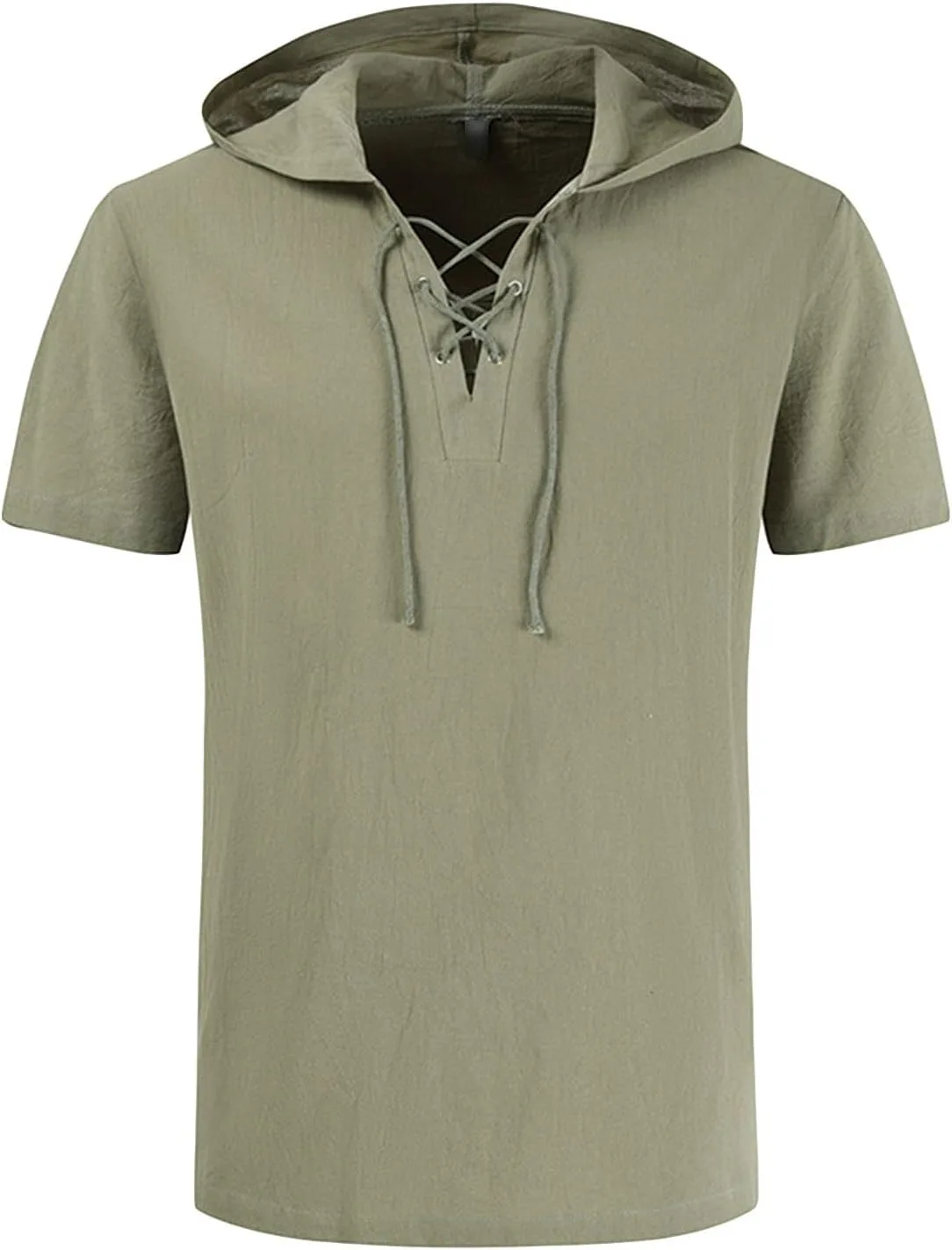 

JEsilunmaMY мужская короткая рубашка с капюшоном и шнуровкой, летняя, из хлопка и льна