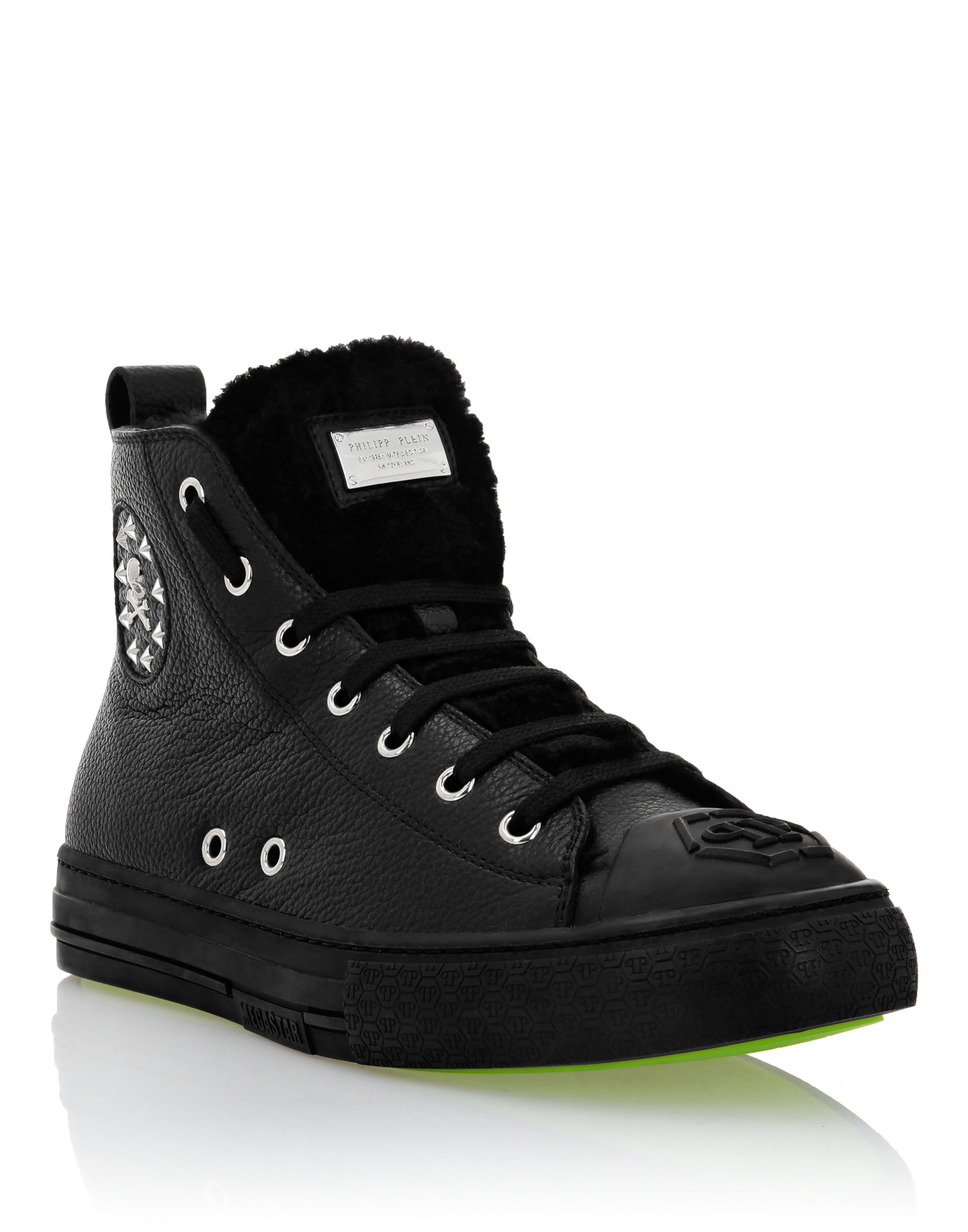 

Кожаные кеды Hi-Top на подкладке из овчины Megastar Philipp Plein, цвет Black / Black