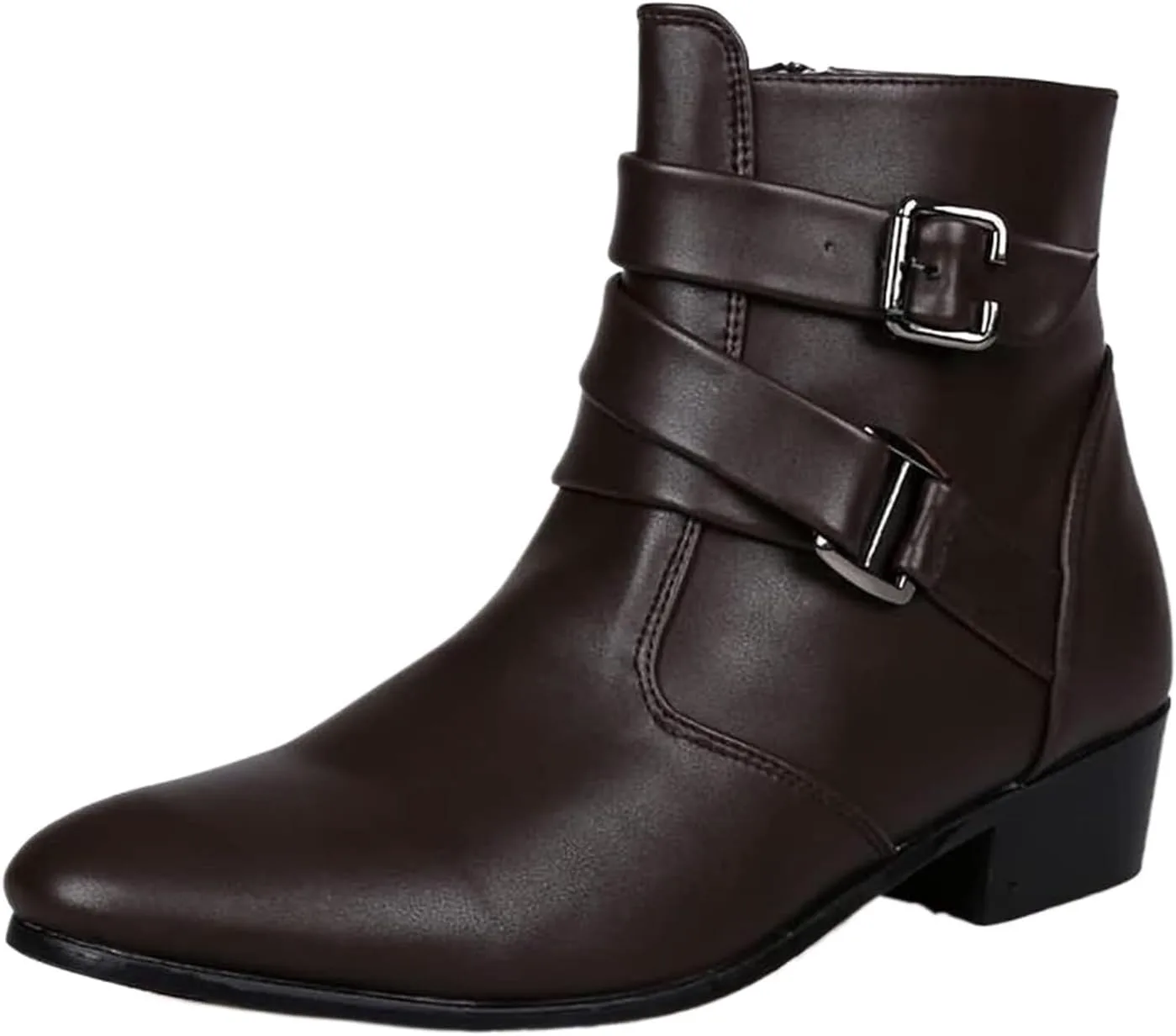 

Мужские кожаные челси с заостренным носком, застежкой-пряжкой, боковой молнией, массивным низким каблуком, вестерн-стиль, формальные ботинки, ботинки до щиколотки Generic, коричневый