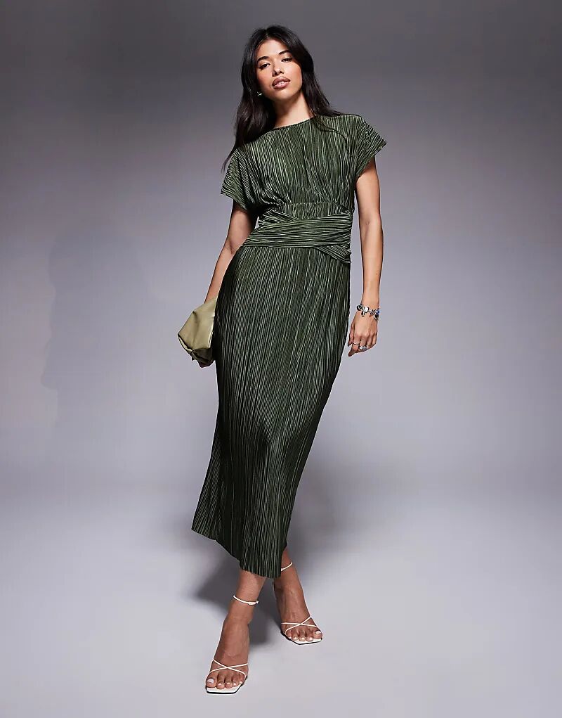 

Платье макси ASOS DESIGN без рукавов с плиссировкой и перекрученным спереди цвета хаки