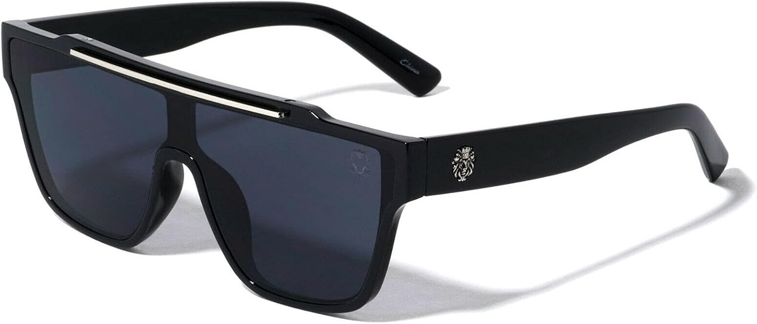 

Солнцезащитные очки Dweebzilla Flat Top Lion Head One Piece Shield Lens Square Luxury Sunglasses с квадратными линзами и плоским верхом в форме головы льва, Glossy Black & Silver Frame