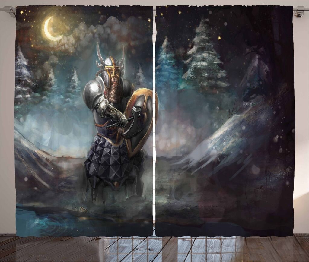 

Занавеска ABAKUHAUS Fantasy в деревенском стиле, средневековый рыцарь-гном, ленточная занавеска с рюшами для спальни, петлями и крючками, 280 x 175 см, разноцветная
