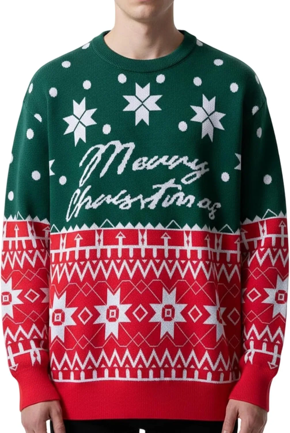 

Мужской свитер с новогодним принтом "Merry Christmas" и снежинками, длинный рукав