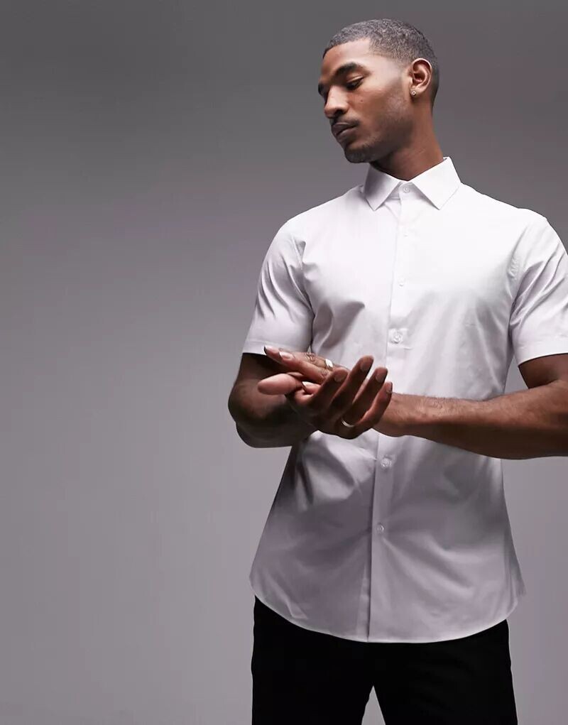 

Белая узкая эластичная рубашка с короткими рукавами Topman