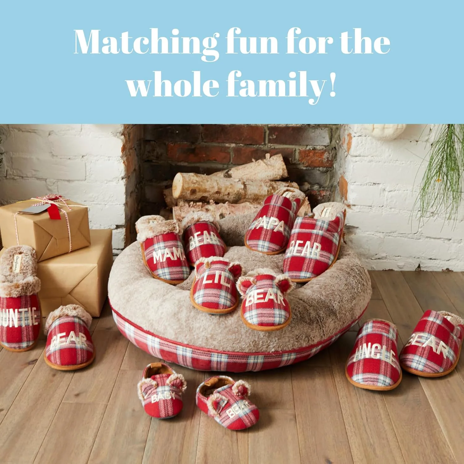 Мужские тапочки Dearfoams Matching Family Holiday Papa Bear с вышивкой, отделка шерпой, модель Moc Toe, красный/синий — фото 3