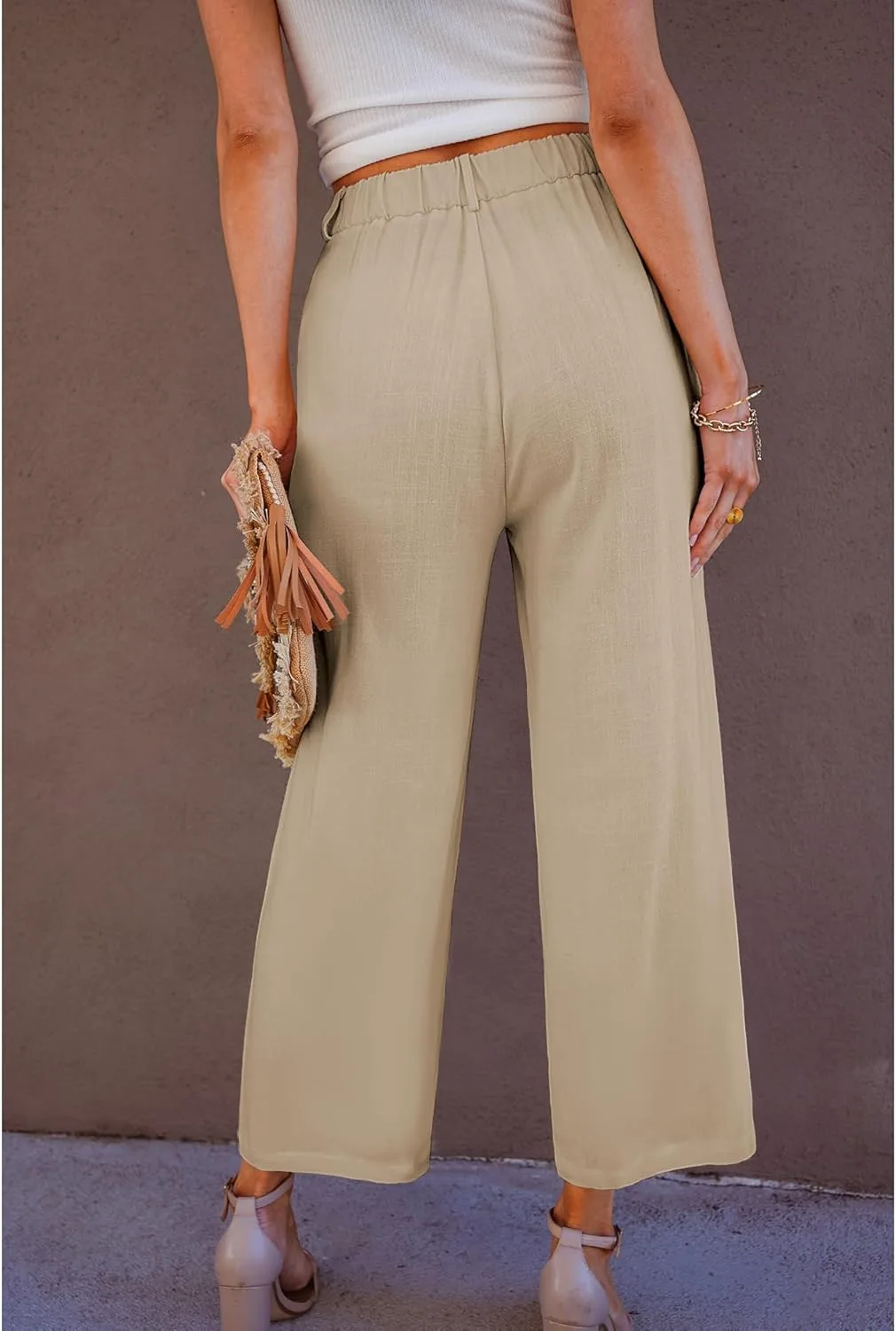 Укороченные льняные брюки женские High Waisted Wide Leg Capri летние для работы и офиса Casual с карманами Generic, бежевый — фото 4