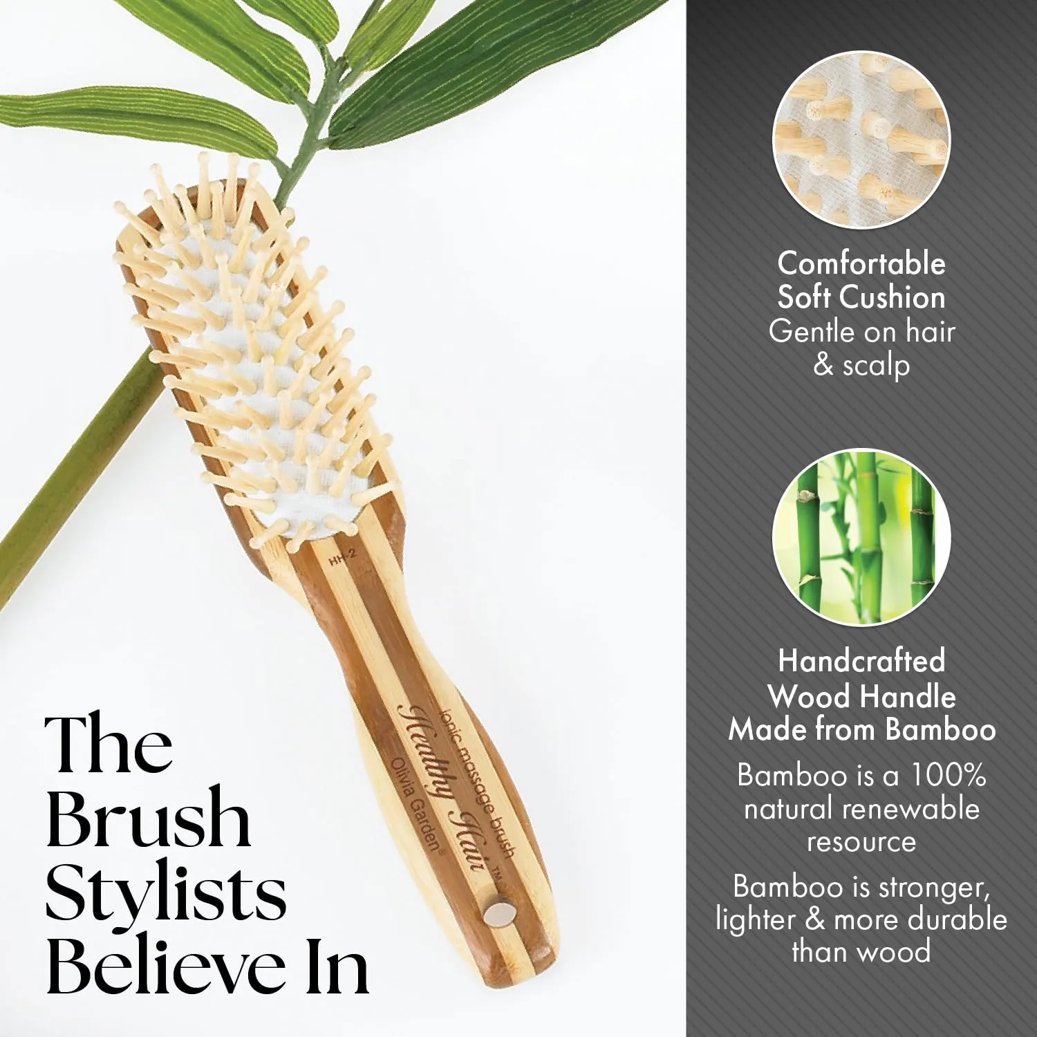 Ионная массажная щетка для волос Olivia Garden Healthy Hair Bamboo Узкая паддл-щетка, Brown — фото 4