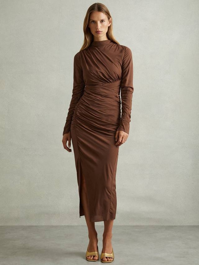 

Облегающее платье миди с рюшами от келли Reiss, коричневый
