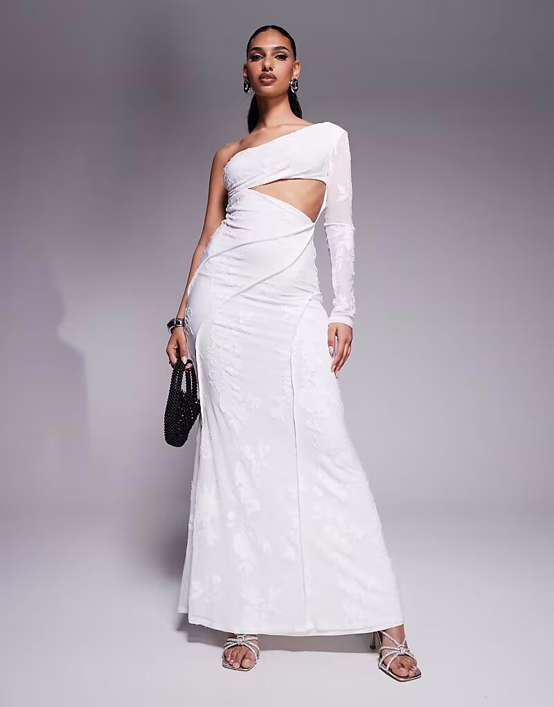 

Платье макси ASOS DESIGN devore с одним рукавом, открытой спиной и открытыми швами белого цвета