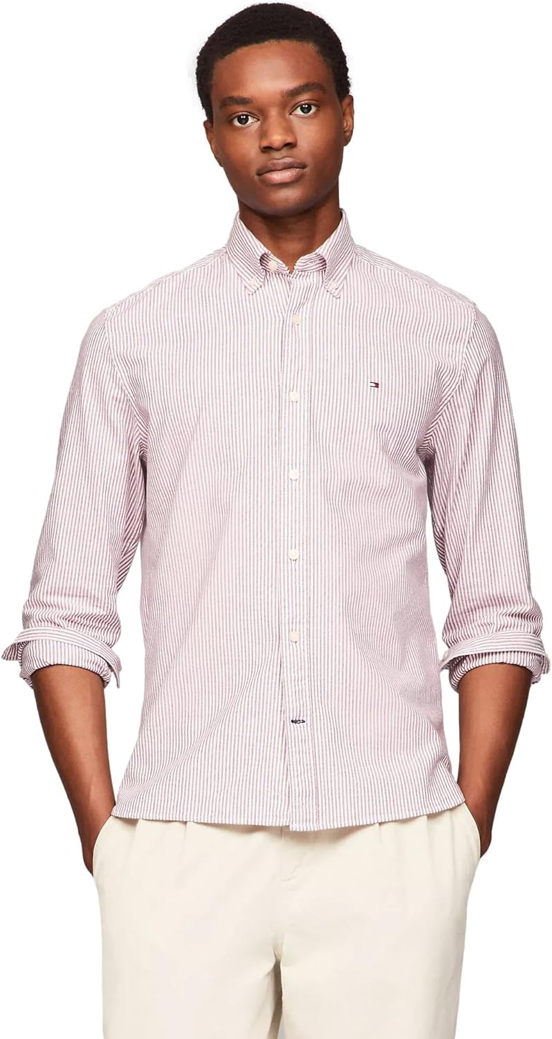 

Мужская фирменная рубашка TOMMY HILFIGER с длинным рукавом и застежкой на пуговицы, классического кроя, коллекция 2025 года, Strip Rouge/White.