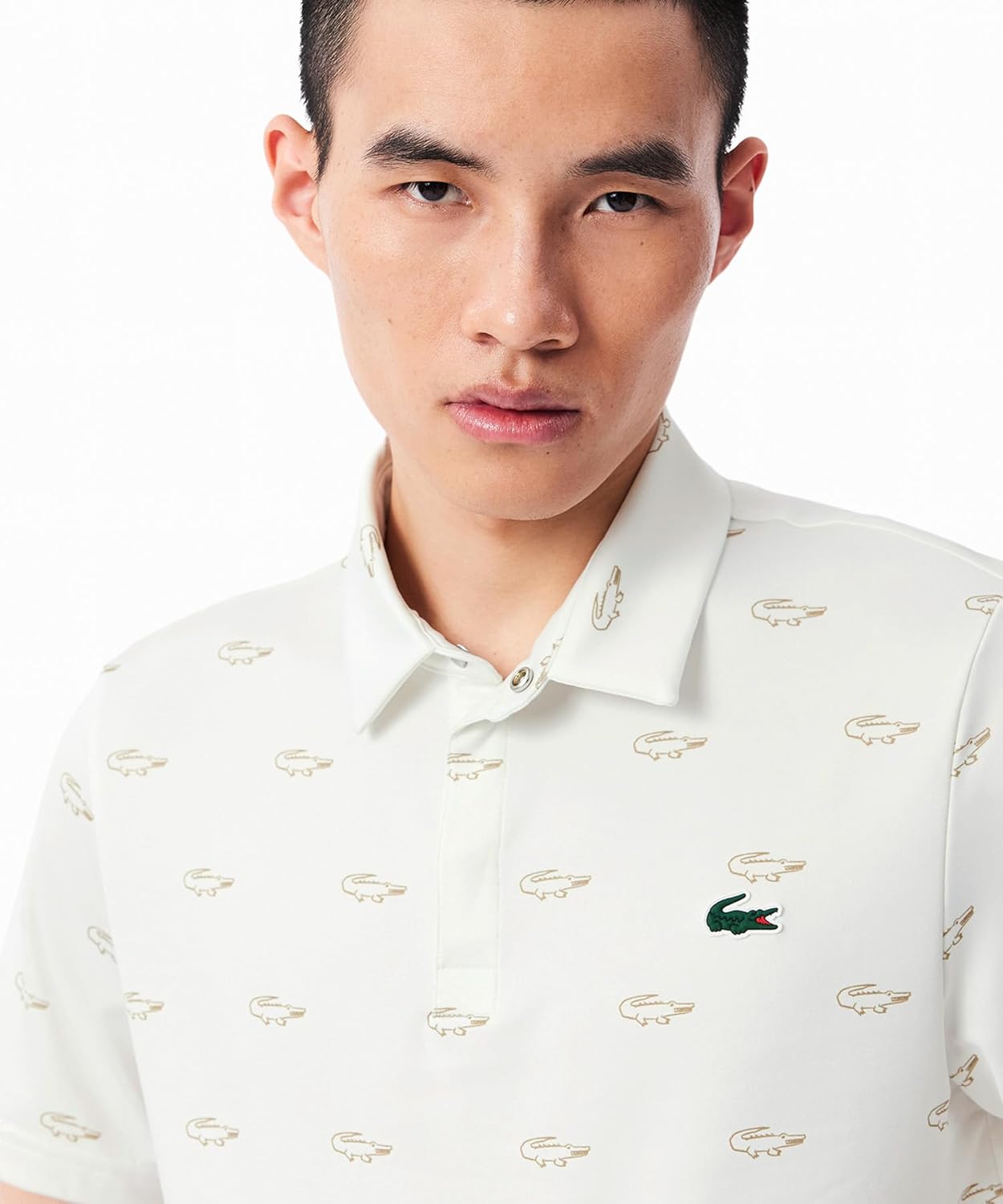 Мужская рубашка-поло для гольфа LACOSTE Защита от УФ-излучения, минималистичный принт по всей поверхности, скрытая передняя часть, сверхбыстрая сушка, белый — фото 3