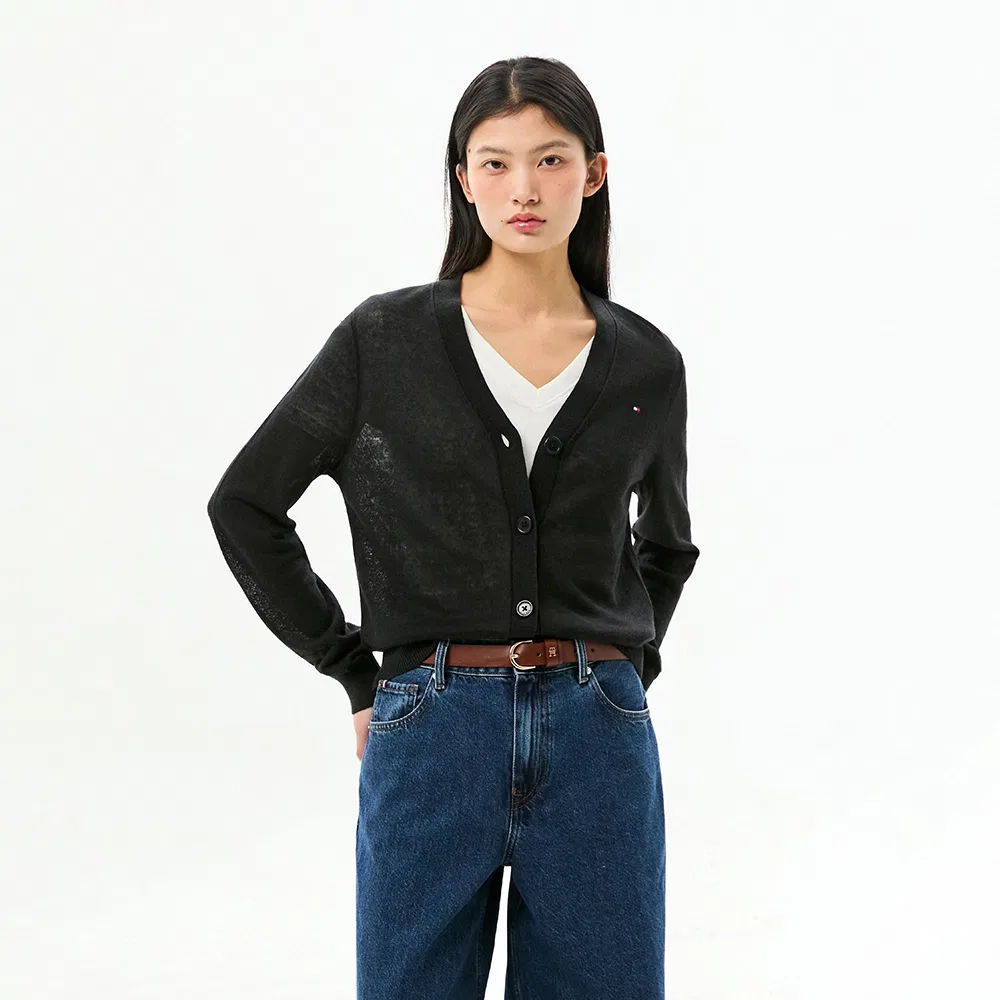 Женский кардиган с V-образным вырезом из смесового льна чёрный от Tommy Hilfiger Women