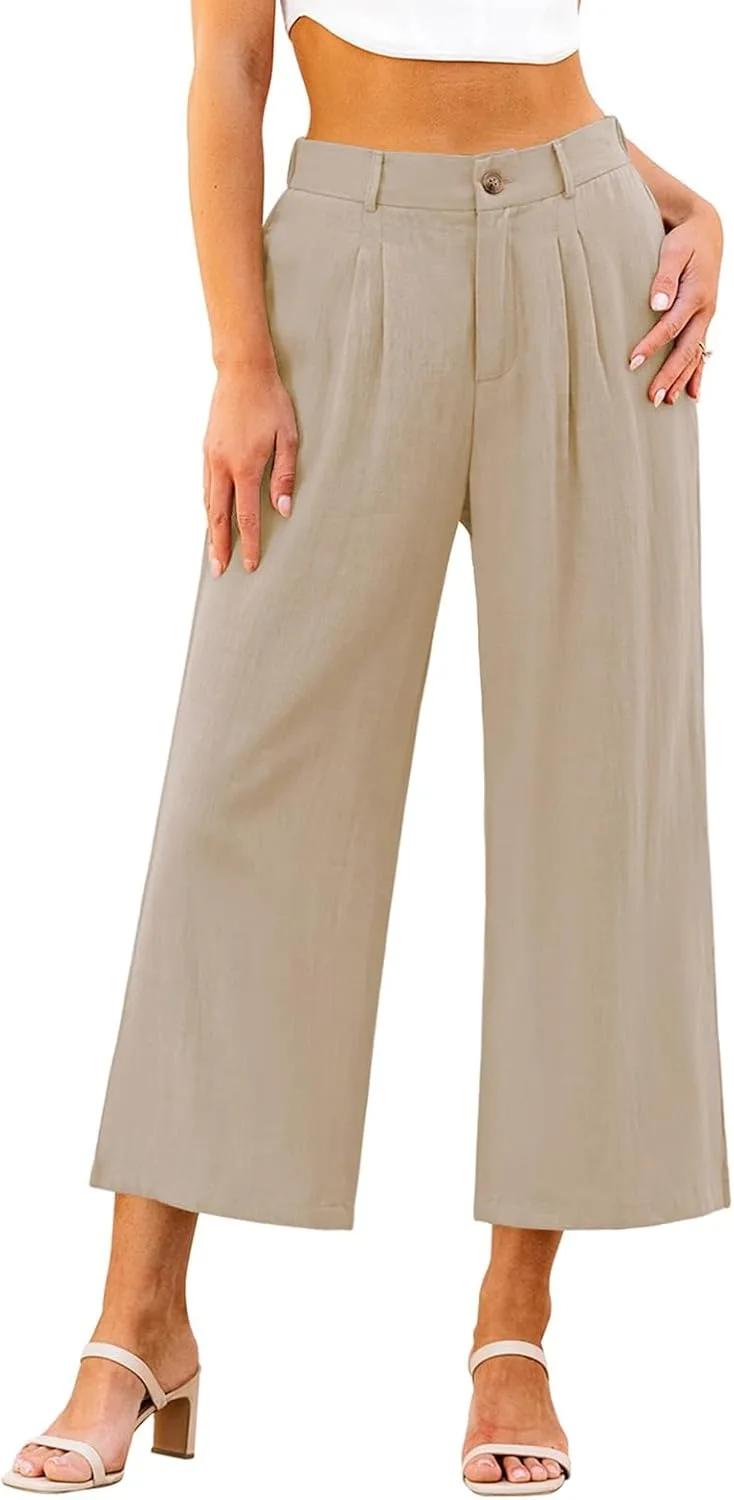 Укороченные льняные брюки женские High Waisted Wide Leg Capri летние для работы и офиса Casual с карманами Generic, бежевый