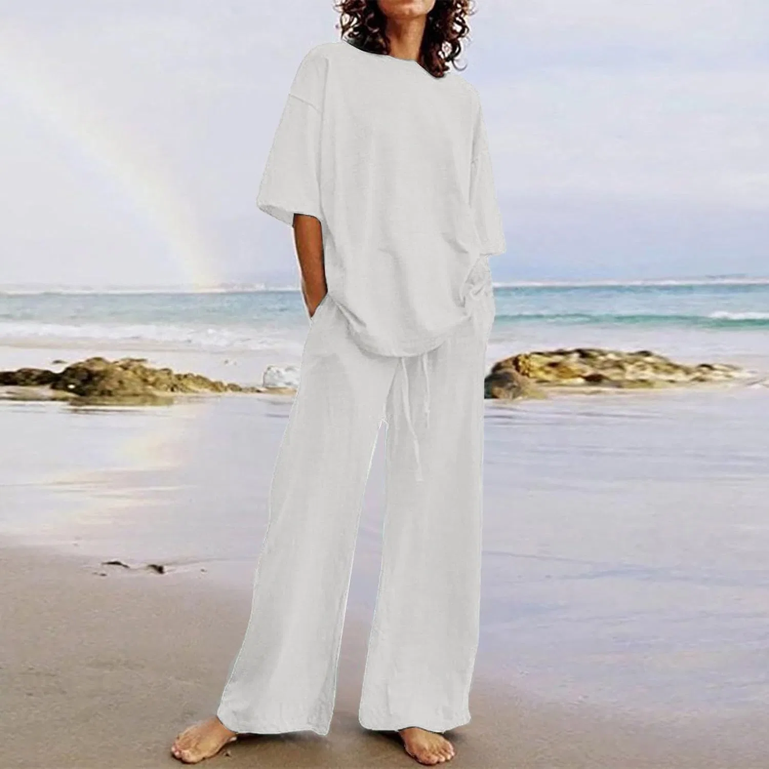 Женский летний костюм из хлопка и льна, с коротким рукавом, шорты, белый — фото 2