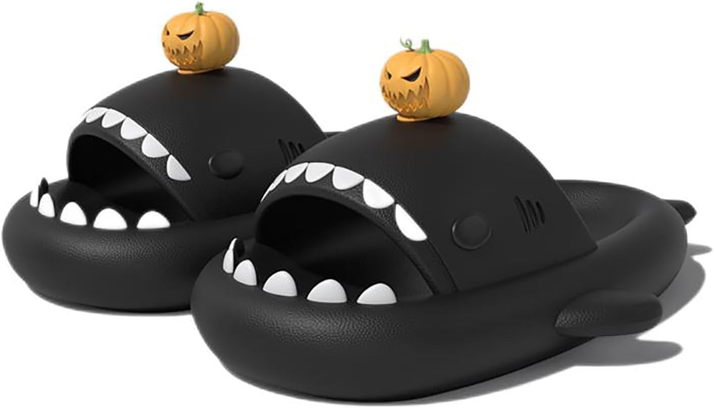 

Тапочки Zureto Halloween Christmas Shark Slides, новые 2023 года, унисекс, облачные шлепанцы с акулой, черный