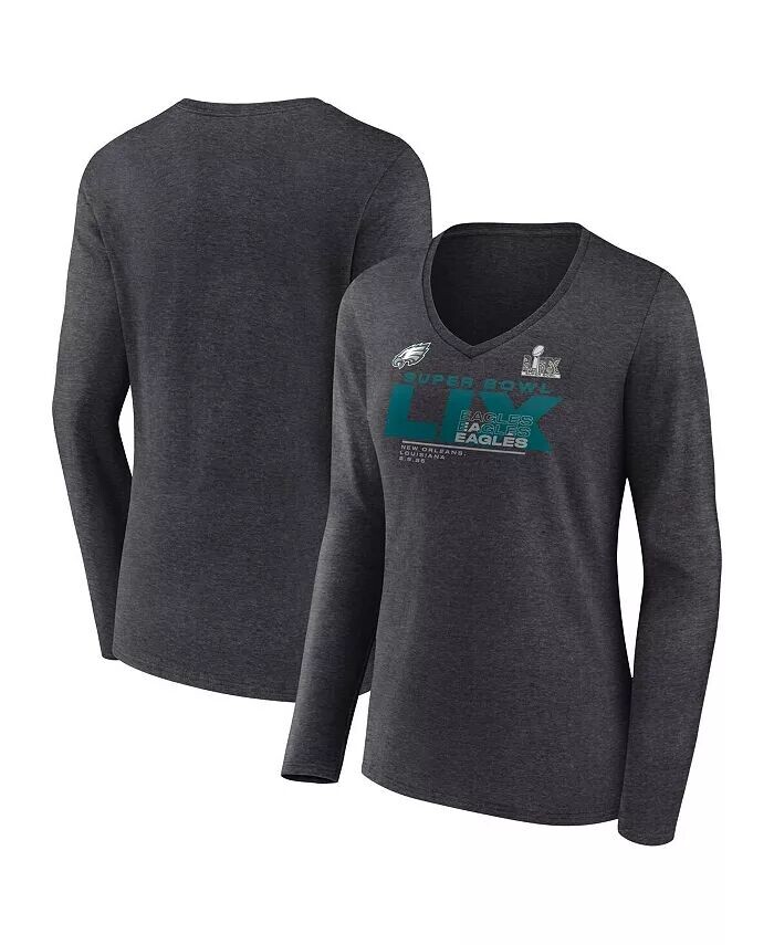 

Женская футболка Heather Charcoal Philadelphia Eagles Super Bowl LIX Quick Pass с длинным рукавом и V-образным вырезом Fanatics