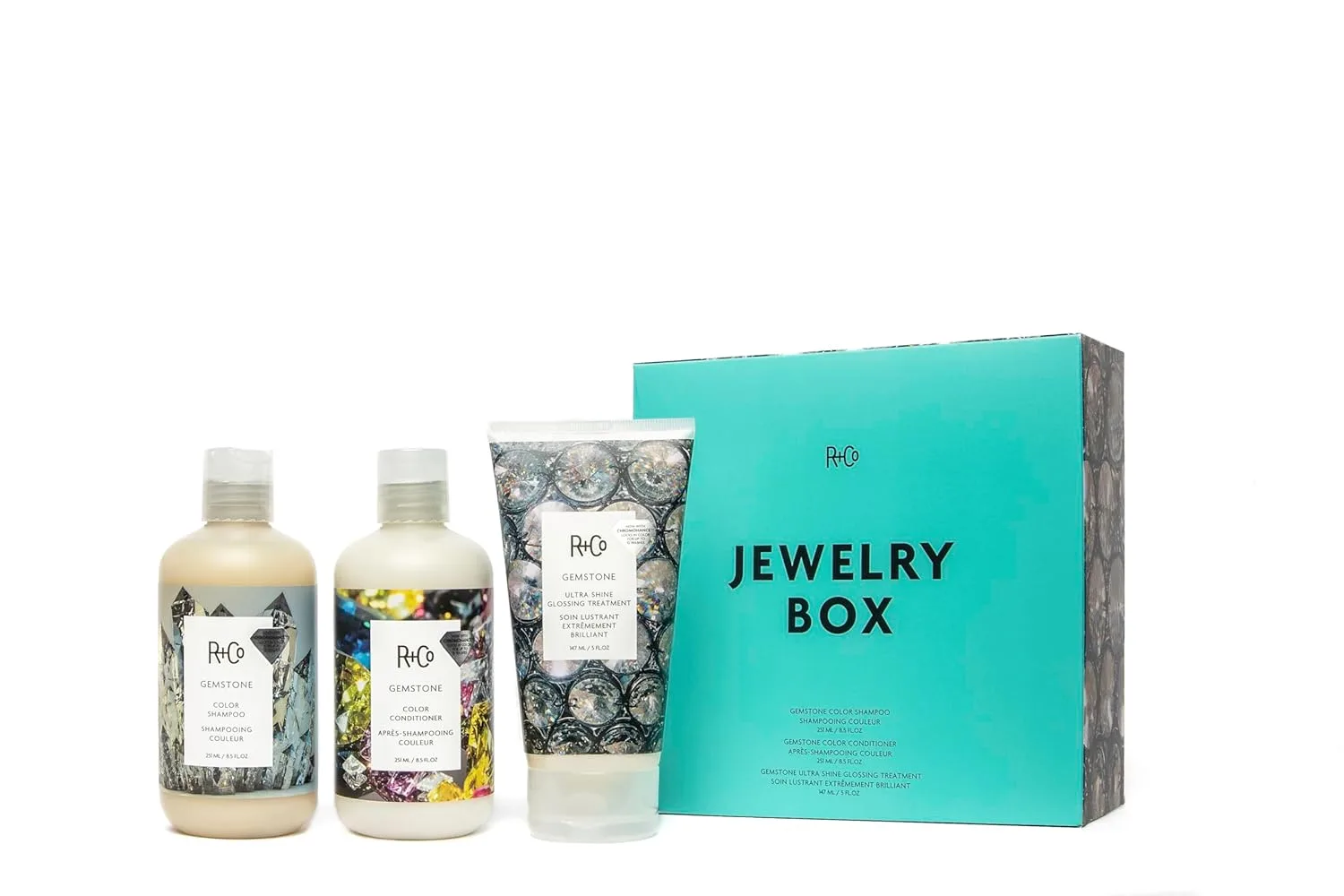 Набор R+Co Jewelry Box для защиты цвета волос: шампунь Gemstone (250 мл), кондиционер (250 мл) и ультра-блеск (150 мл), веган, без сульфатов, лимитированная серия