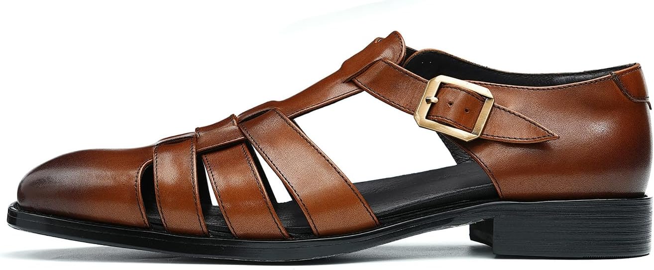 Сандалии Santimon Mens из кожи для мужчин - повседневная обувь, стильные модные летние сандалии-рыбаки с регулировкой пряжки и дышащие, для бизнеса, коричневый — фото 2