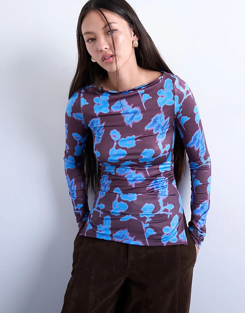 

Лонгслив Topshop с абстрактным цветочным принтом и длинными рукавами, с разрезом по вороту, синего цвета