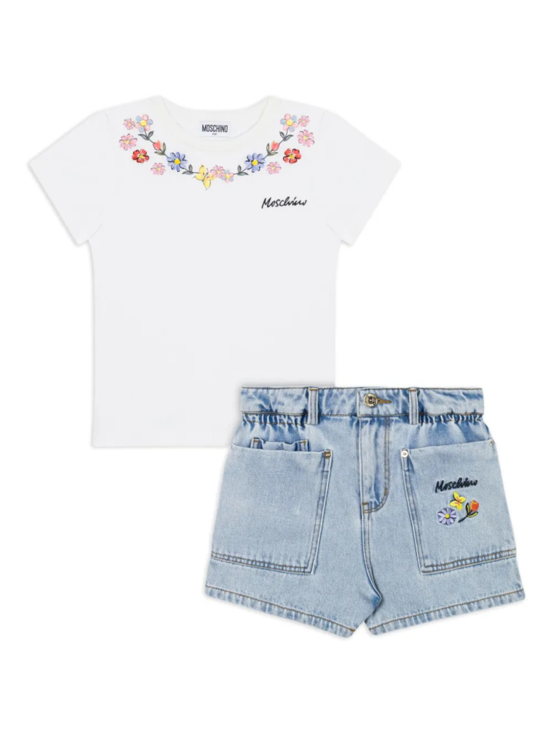 

Moschino Kids комплект из футболки и шортов с цветочной вышивкой, синий