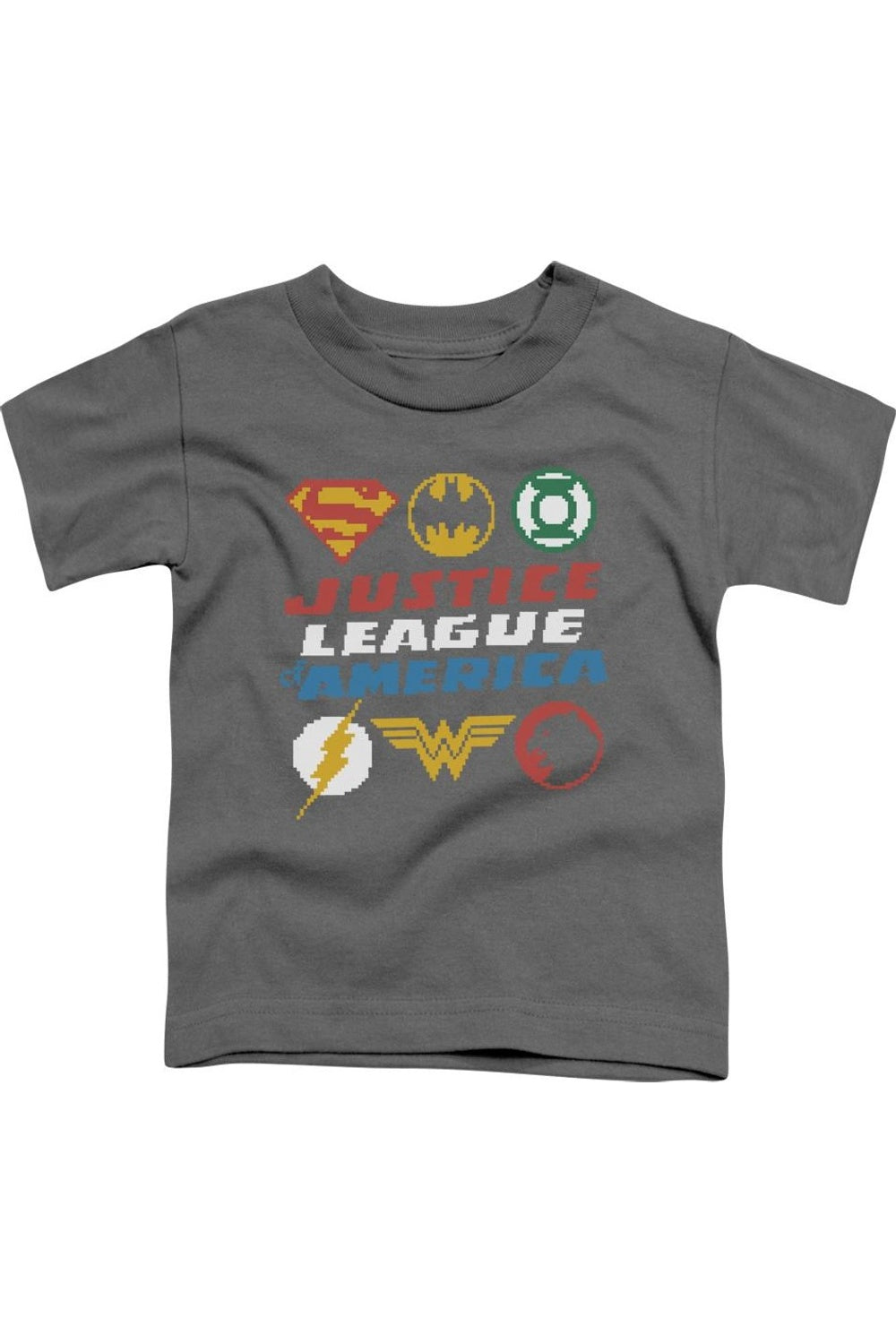 

Футболка с коротким рукавом для детей с пиксельными логотипами Justice League of America Gildan, Charcoal